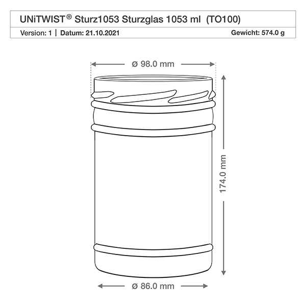 1053ml Sturzglas mit BasicSeal Deckel schwarz UN..