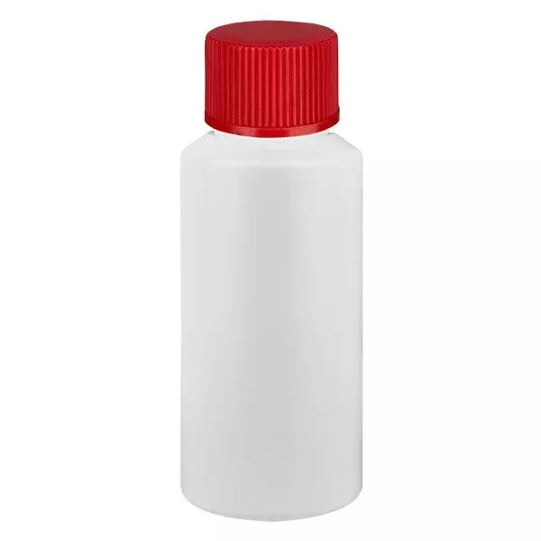 Apothekenflasche HDPE 30ml weiss, mit rotem SV