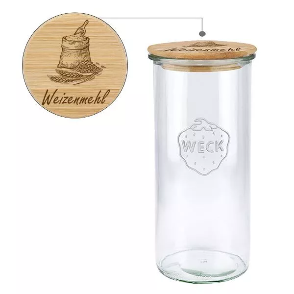 Holzdeckelset "Weizenmehl" mit WECK Glas 1500ml