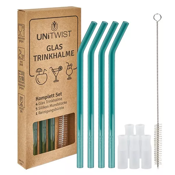 Glas Trinkhalm Set grün mit Softtips UNiTWIST