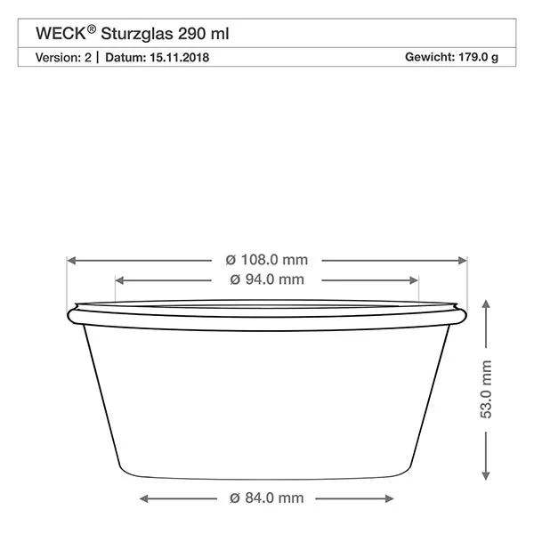 290ml Sturzglas niedrig mit Glasdeckel WECK RR100