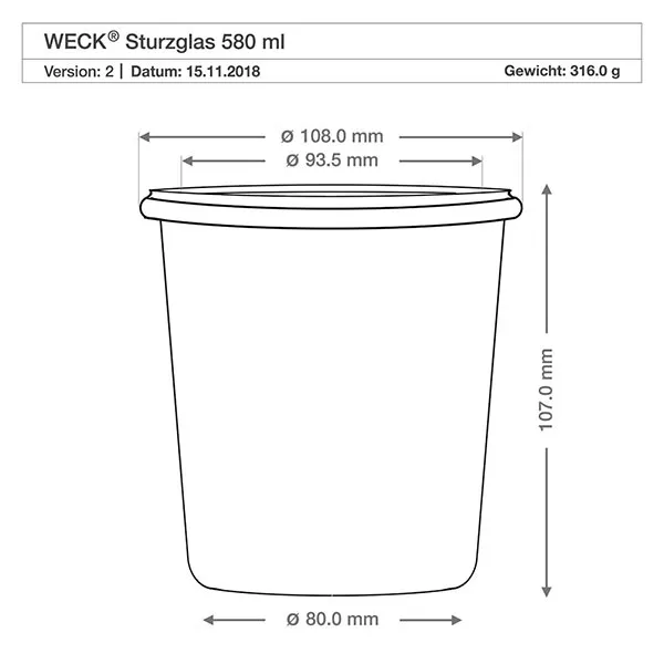 580ml Sturzglas mit Glasdeckel WECK RR100