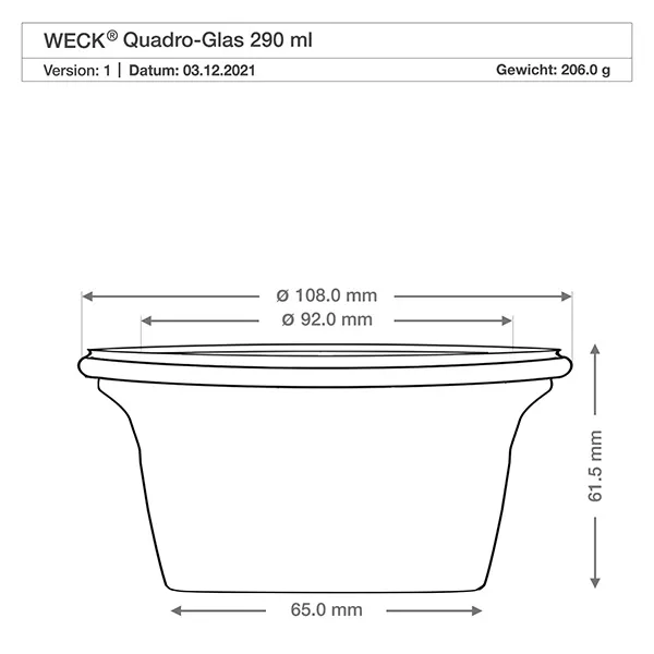290ml Quadroglas mit Glasdeckel WECK RR100