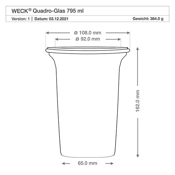 795ml Quadroglas mit Glasdeckel WECK RR100